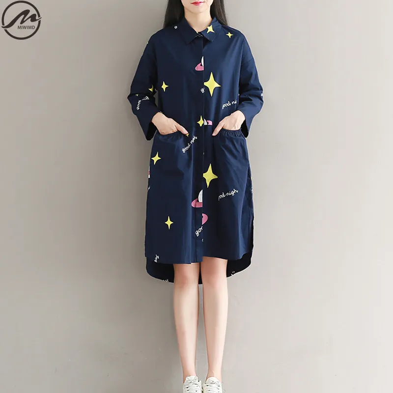 MIWIMD Large Size Women Autumn Dresses 2017 New Fashion Casual Loose Cotton Linen Long Sleeve Vintage Printed Shirt Dress | Женская