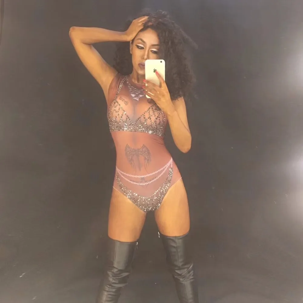 Sexy Black 3D Printing Rhinestone Women Jumpsuit Birthday Celebrate Sexy Bodysuit Nightclub Singer Performance Stage Wear