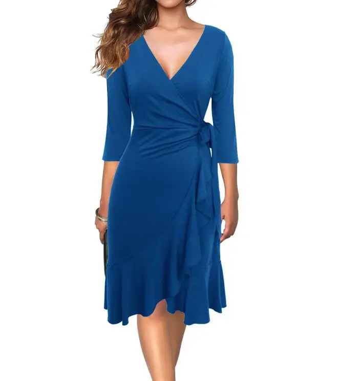 6086 Teal Berydress, сексуальное облегающее платье с v-образным вырезом, Бордовое платье с оборками, рукав три четверти, с поясом, повседневные, вечерние, черное, с запахом, платье до колен - Цвет: 6086 Teal