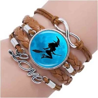sexy witch with broom necklace full moon bracelet wiccan pagan jewelry glass cabochon sweater chain necklace cat jewellery