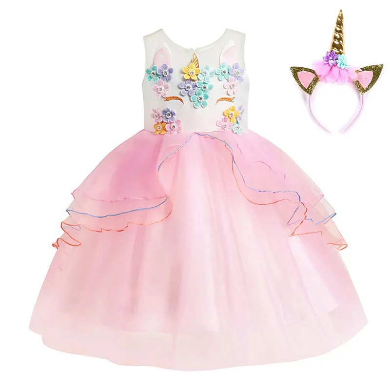 Unicorn Dress A Set VOGUEON/платье-пачка с единорогом для маленьких девочек; Летние Элегантные вечерние платья без рукавов; детское нарядное платье с единорогом; костюм на день рождения - Цвет: Unicorn Dress A Set