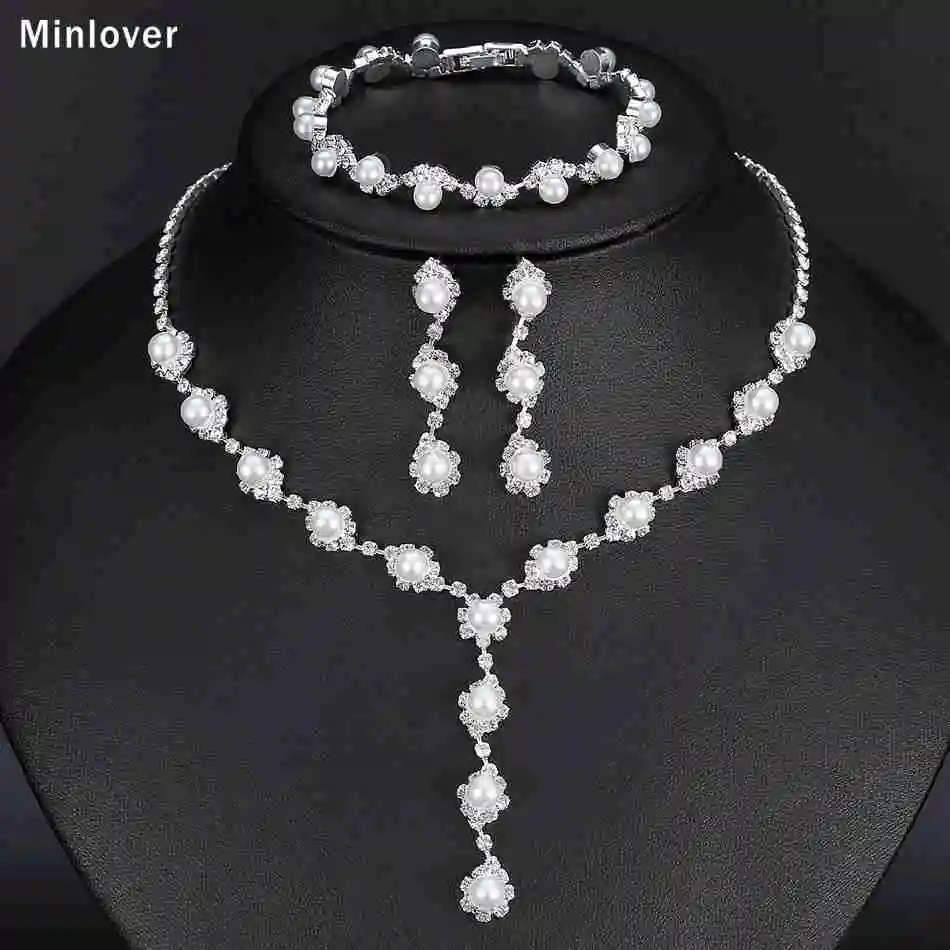 Minlover, цветочный искусственный жемчуг, Свадебные Ювелирные наборы для невесты, простое Кристальное ожерелье, серьги, браслеты, наборы для женщин, TL059+ SL077