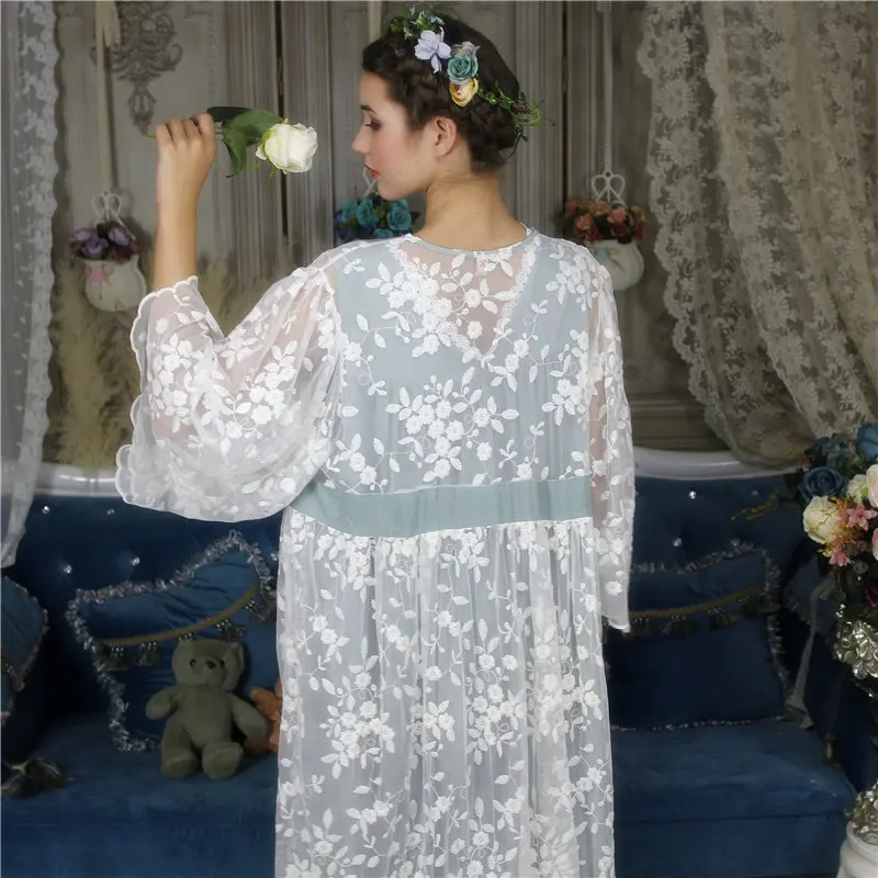 Осенняя Женская одежда для сна, комплект из двух предметов, белое кружевное кимоно с поясом, без рукавов, свободное Ночное платье, элегантная Домашняя одежда H680