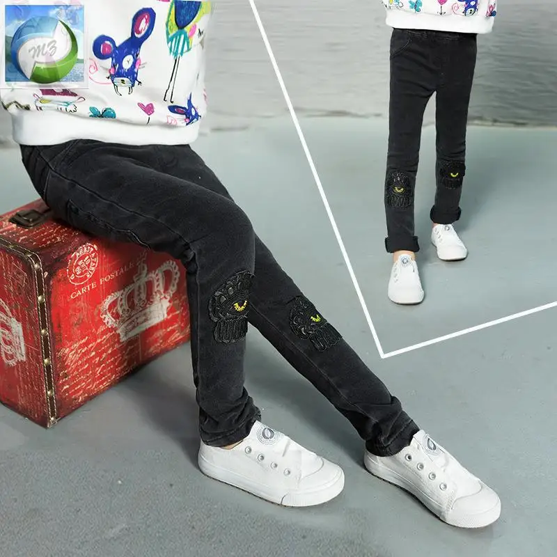 Байкерские джинсы для девочек черные детские джинсовые брюки с потертостями