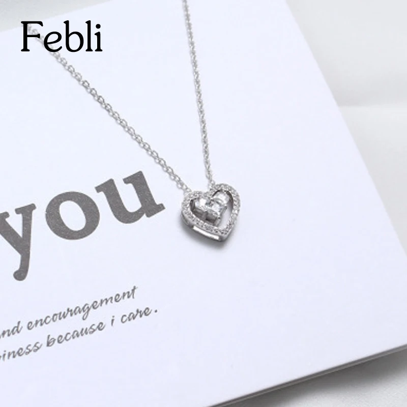 Febli S925 Серебряное сердце ключицы цепи с кубического циркония тонкий и элегантный