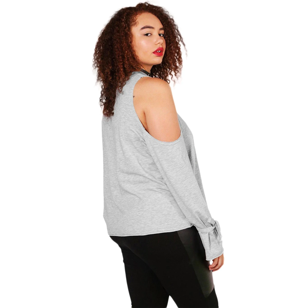 Kissmilk Women Plus Size Cold Shoulder Letter Print Hoodies Long Bandage Sleeve Basic Tops Large Size Solid Casual Hoodie