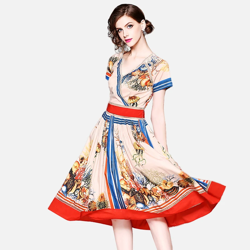 Trytree летнее Повседневное платье с принтом морской жизни женское v образным