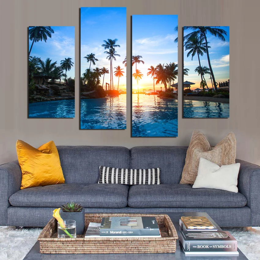 

4 Pane Modern Seaside Park The Family Decorates painting Print On The Canvas Wall Art Picture Unframed Artworks