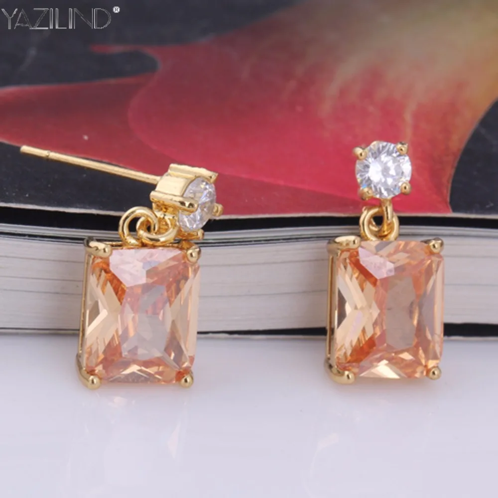 Квадратный Orange Кристаллы серьги гвоздики для женщин цвета золота ювелирные