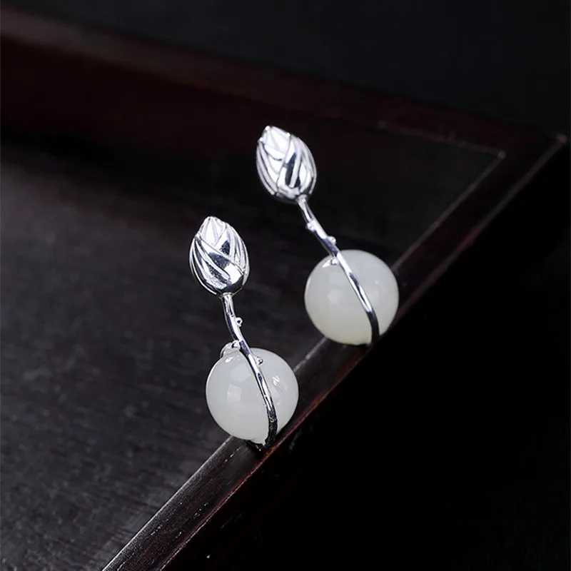 Uglyless Elegant Lady Nature Gemstones Earrings Handmade 100% Real Solid 925 Silver Lotus White Jade Balls Fine Jewelry | Украшения и