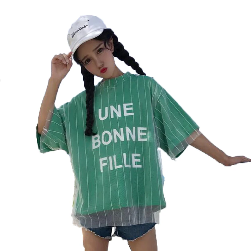 

YouGeMan Summer Tops For Women 2020 Korean Style Ulzzang Harajuku Mesh Patchwork Fake 2 Piece Print Short Sleeve T-shirt Woman