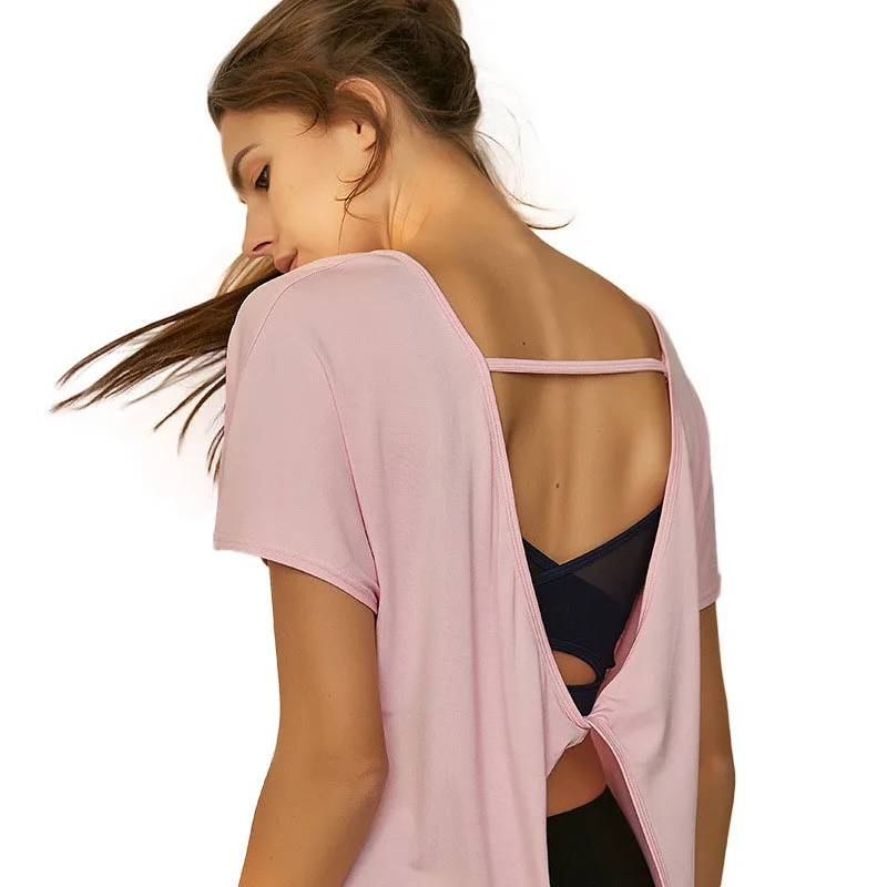 Pink Осенние женские Модальные Рубашки для йоги, сексуальное платье с открытой спиной и короткими рукавами, футболка для йоги, свободные дышащие спортивные топы с u-образным вырезом - Цвет: Pink