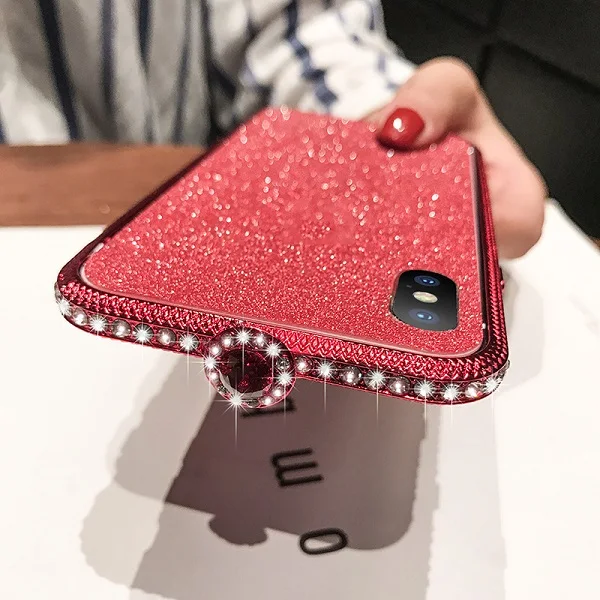 Red Стразы-бампер для iPhone XS X 6 6s 7 8 Plus, блестящий металлический чехол с бриллиантами, чехол+ Защитная пленка на заднюю панель - Цвет: Red