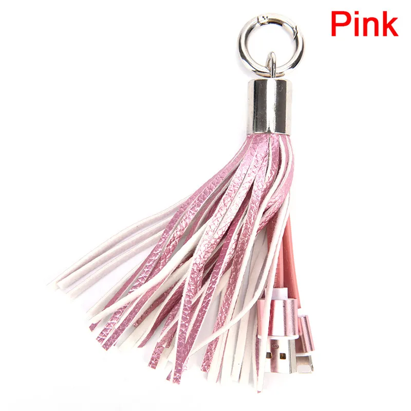 Pink HWetR мини брелок для iPhone USB кабель быстрое зарядное устройство металлический брелок кабель для передачи данных Шнур зарядный адаптер кожаный кисточка сумка Декор - Цвет: Pink