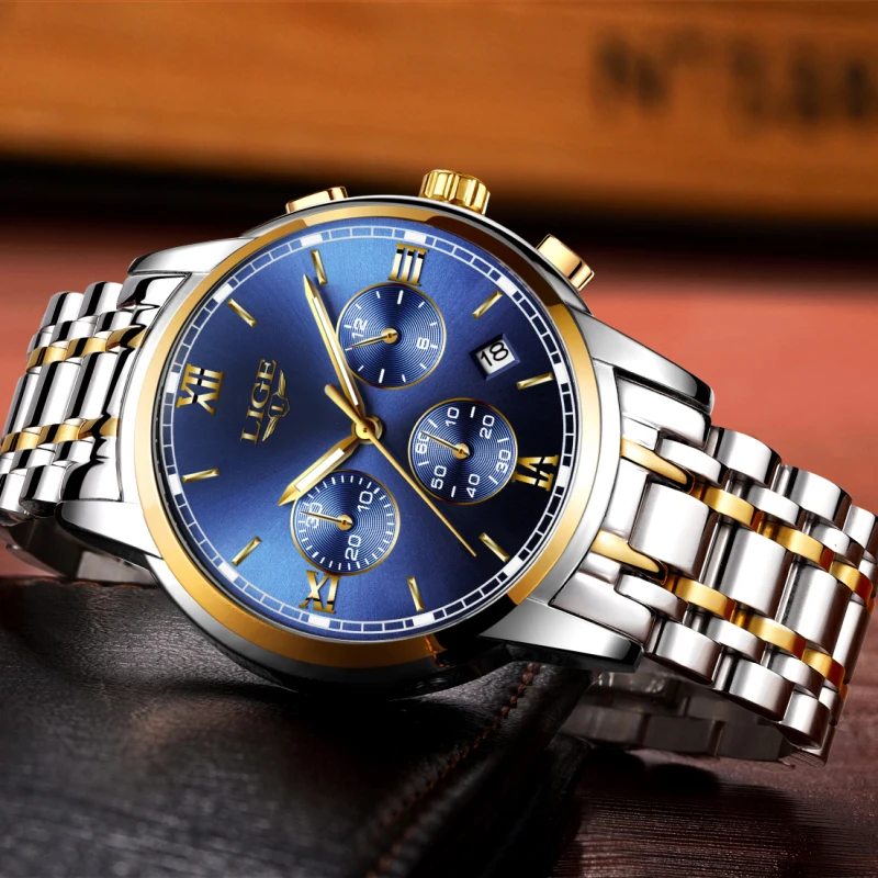 Часы наручные LIGE мужские с хронографом Брендовые спортивные водонепроницаемые