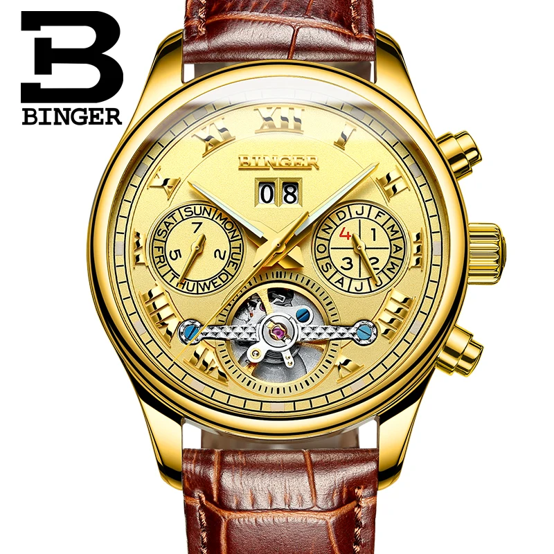 Роскошные золотые мужские часы Tourbillon водонепроницаемые механические наручные