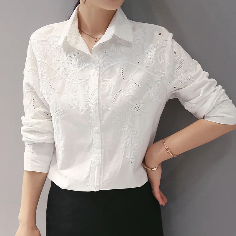 

3XL Cotton Shirt 2023 Spring Autumn Hollow Out Flower Embroidery Long Sleeve White Shirt Women Tops