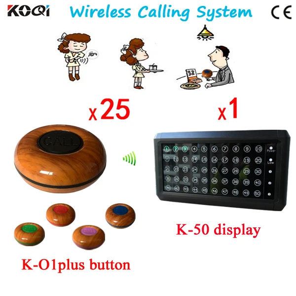 Wireless Sound System 1 K-50 + 25 K-O1plus Remote Control Table Button Nurse Call System Push Button Number Calling System