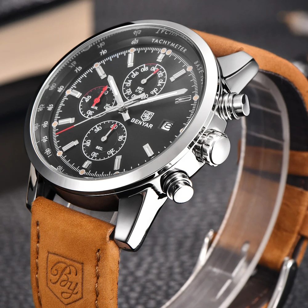 Benyar Luxury Brand Men Analog Quartz Leather Sports Watches Men's Army Military Wrist watch Man Clock Relogio Masculino readeel luxury brand military watches men quartz analog canvas clock man sports watches army military watch relogios masculino