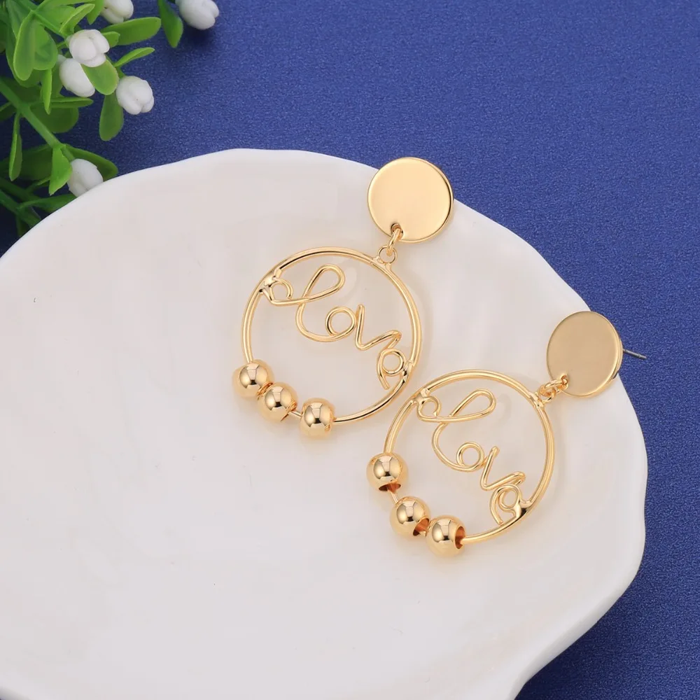 Korea Style Gold Round Love Letter Drop Earrings Slip Beads Lovely Dangle For Women Jewelry Party Gifts 2018 Hot Sell | Украшения и