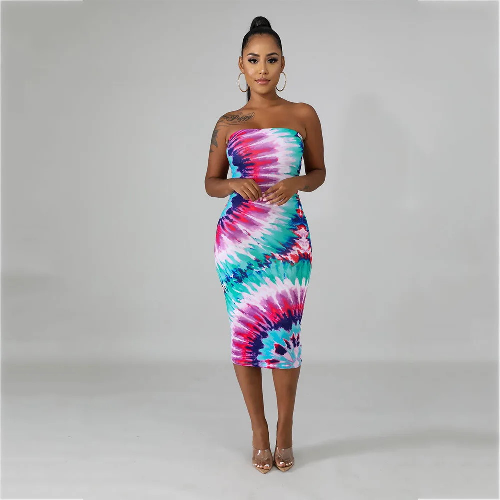 Lemon Gina 2019 women summer black hole galaxy print strapless off shoulder bodycon midi mid-calf length dress WJ5037 | Женская одежда