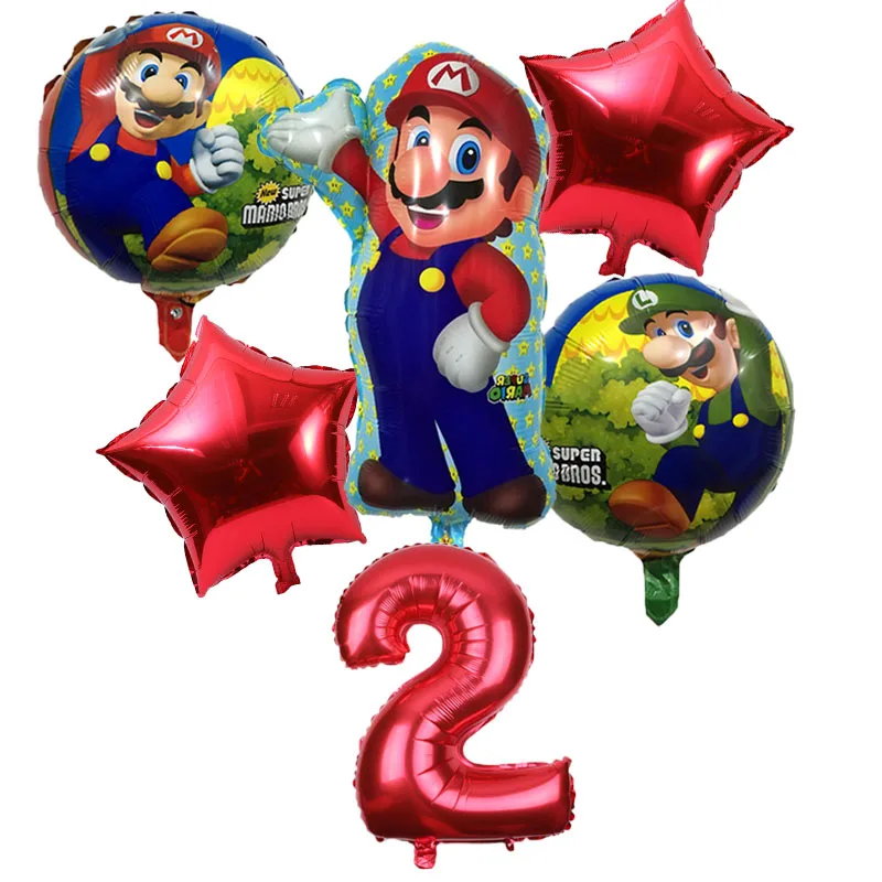 6pcs Super Mario Balloons 32 inch Number Balloons Boy Girl Birthday Party Mario Luigi Bros Mylar Blue Red Balloon Set Decor - Цвет: red 2