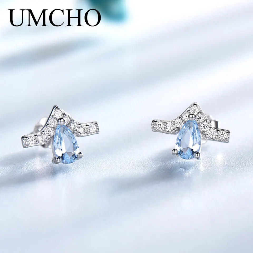 UMCHO Real 100% 925 Sterling Silver Jewelry Pear Created Sky Blue Topaz Stud Earrings For Women Wedding Gift Fine | Украшения и