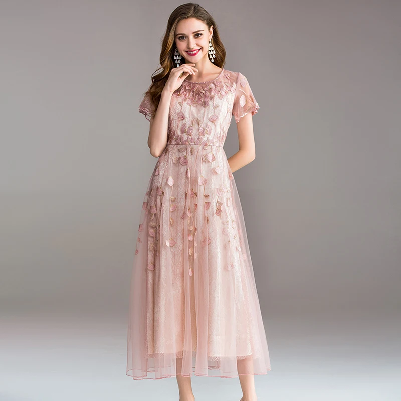 Длинное платье с вышивкой высокого качества коротким рукавом для женщин|Женские