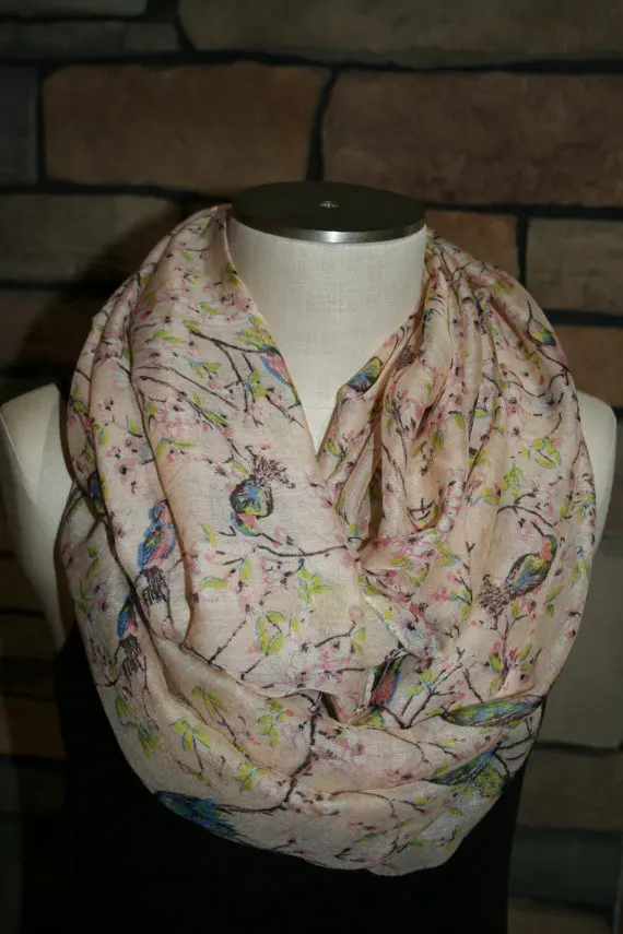 

Peach Bird Infinity Fashion Scarf Ladies Bird Branch Print Scarf Fashion Flying Bird Print Scarf