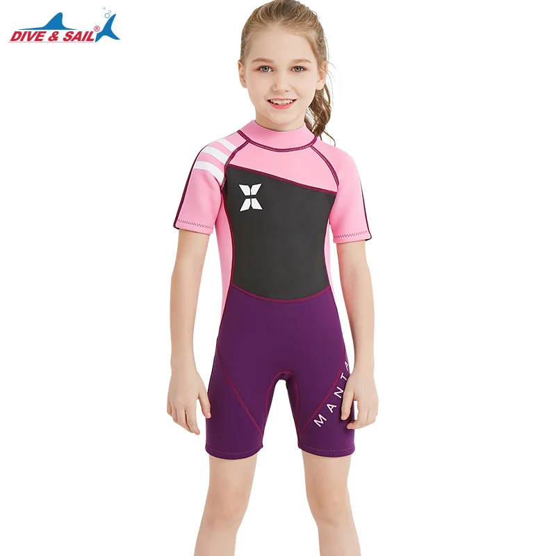 

Dive&Sail Girls 2.5MM Short Sleeves Diving Suits RashGuards Kids Neoprene Wetsuits One Piece Surfing Triathlon Snorkel Bodysuit