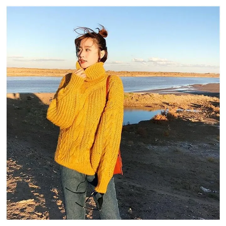 Autumn Winter Women Turtleneck Casual Sweater Loose Coarse Line Knitted Pullovers Fashion Large Size Solid | Женская одежда