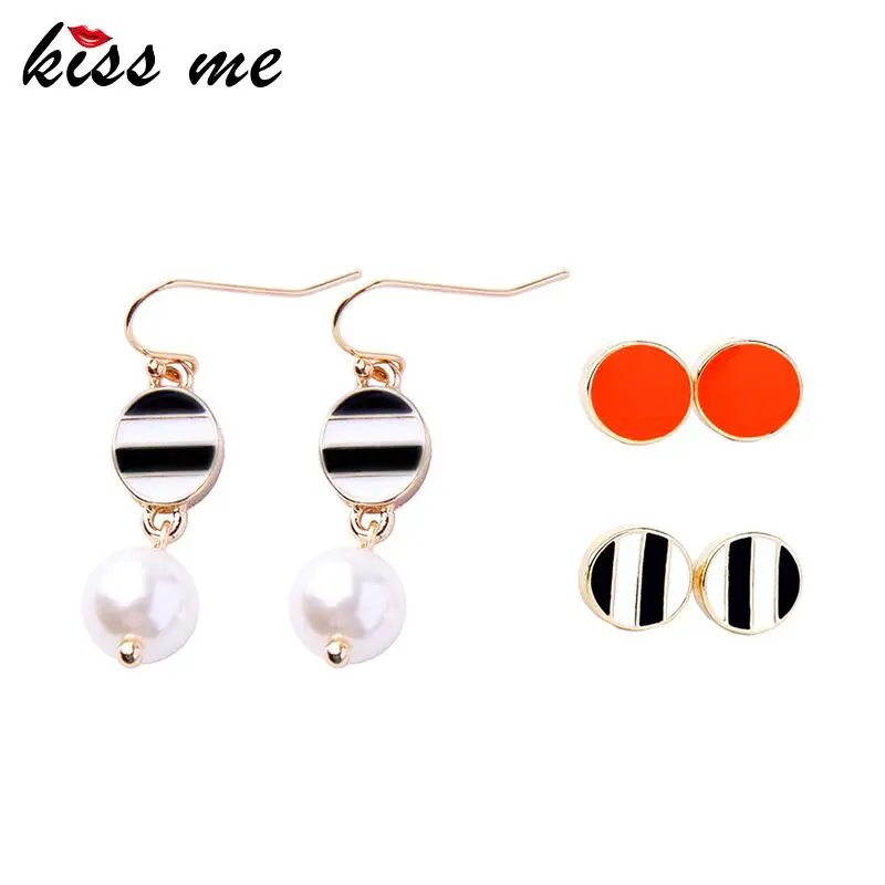 Женские серьги гвоздики с имитацией жемчуга KISS ME 3 пар/компл. круглые эмалью