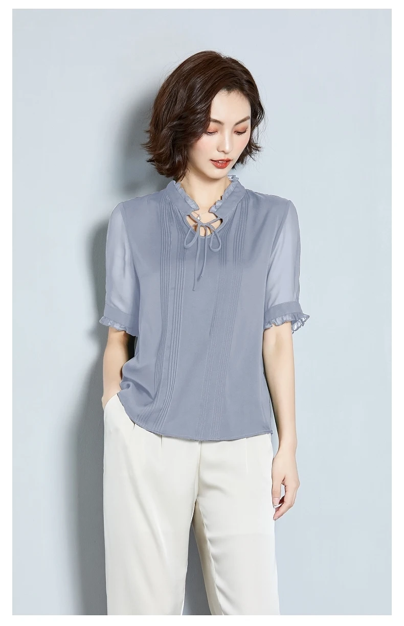 AYUNSUE, летняя мода, натуральный шелк, Blusas Mujer De Moda,, элегантная повседневная женская блузка с v-образным вырезом, женский топ с коротким рукавом S19X258