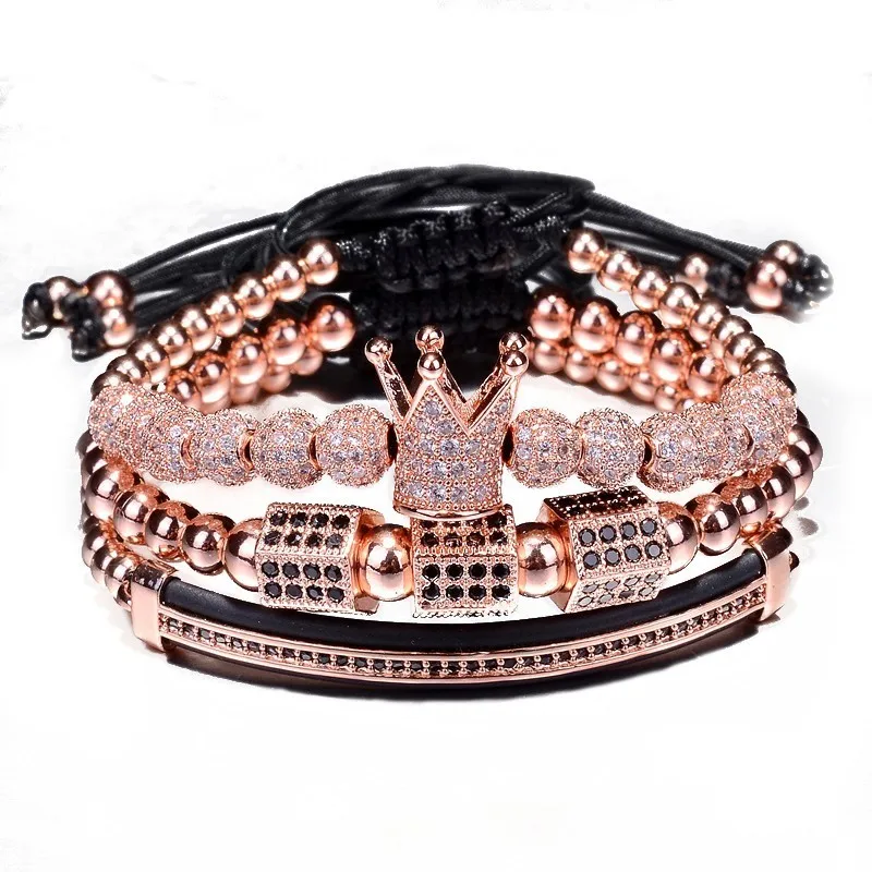 Rose Gold Set 3 шт./компл. Роскошные ювелирные изделия новые циркон в стиле «хип-хоп» золото Браслеты Для мужчин кубический микро паве ЧР Шарм плетеная оплетка в едином положении во время занятий легкой атлетикой - Окраска металла: Rose Gold Set