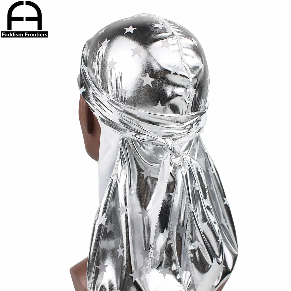 Unisex Men Women Reflective Silk Durag Stars Soft Silky Durags Turban Hat Bandana Headwear Long Straps Waves Cap Do Du Rag |