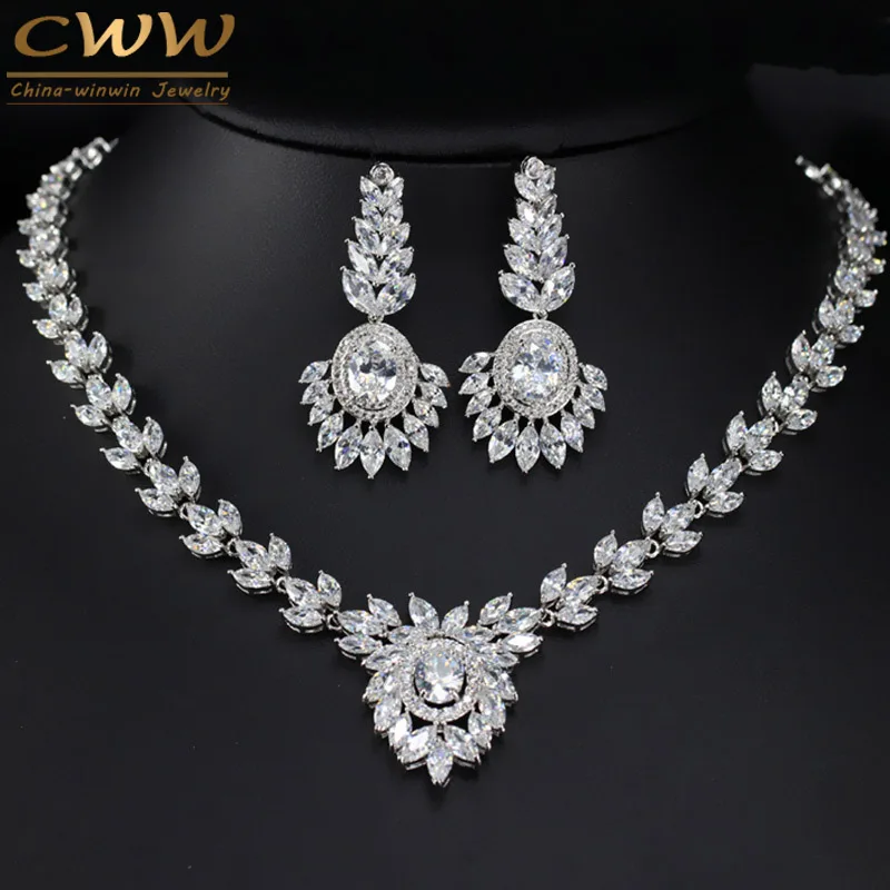 

CWWZircons Flower Drop Big CZ Jewelry Set High Quality Zirconia Stone Paved Wedding Earring And Necklace For Brides T263