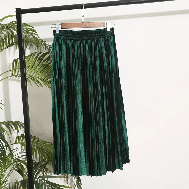 Emerald PEONFLY 13 стильные юбки из искусственной кожи женские осенние зимние элегантные длинные плиссированные юбки женские юбки из искусственной кожи с высокой талией женские - Цвет: Emerald