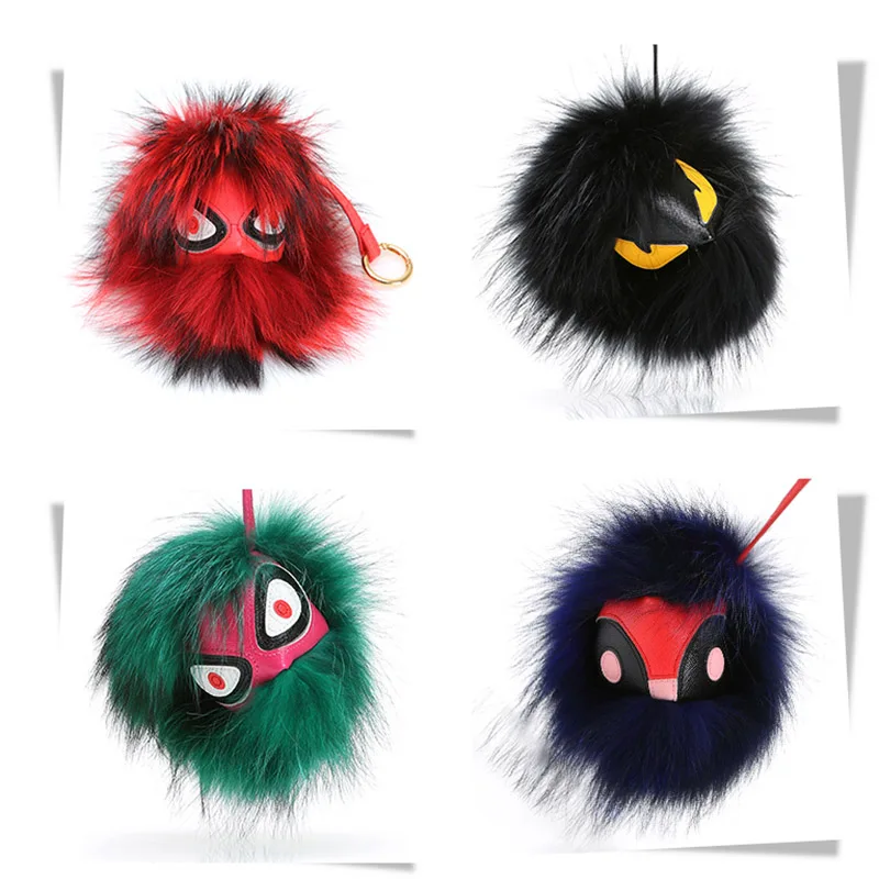 С коробкой и тега черный кожаный бумажник реального енота Pom собака мех монстр