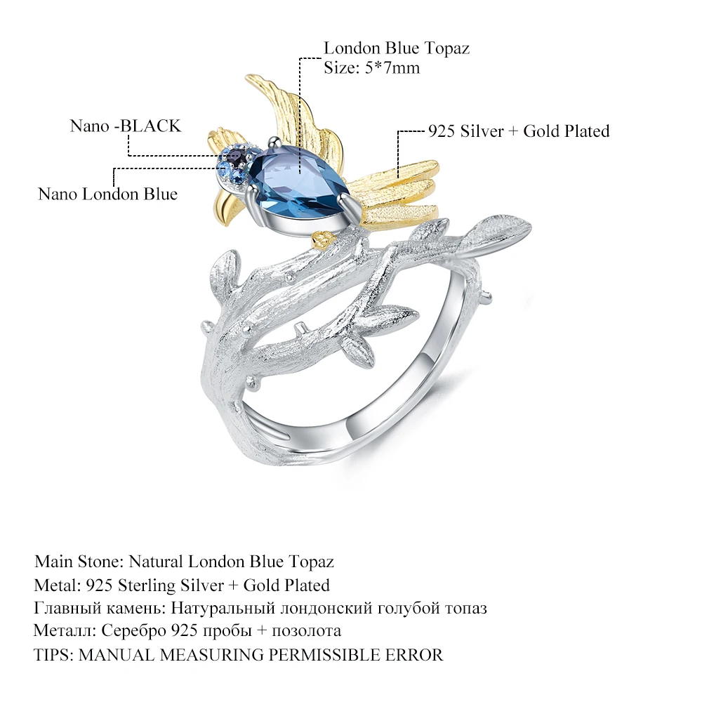 Женское кольцо с птицей gemb's BALLET ветка натуральным синим топазом 0 84 карат