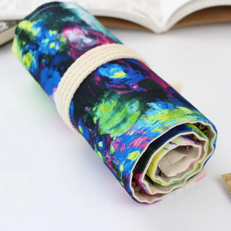 

36/48/72 Holes Pencil Case Canvas Art Drawing Pen Bags Wrap Roll Up Holder Printing Storage Pouch School Offices Suppiles Gift