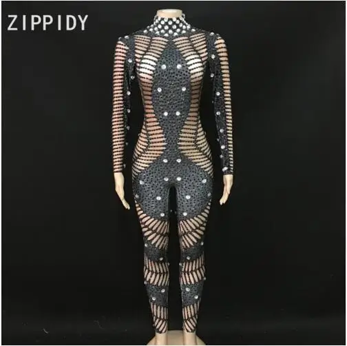 Fashion Black Rhinestones Long Sleeves Jumpsuit Women's Party Bodysuit Spandex Outfit Evening Female Singer Dance Wear