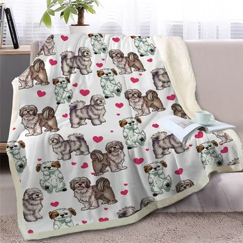 BlessLiving Shih Tzu Hippie Dog Sherpa Blanket for Bed Cartoon Animal White Throw Blanket for Kids Bedspreads Heart Soft Bedding 3