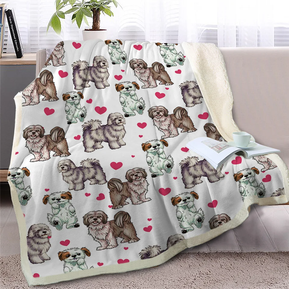 BlessLiving Shih Tzu Hippie Dog Sherpa Blanket for Bed Cartoon Animal White Throw Kids Bedspreads Heart Soft Bedding | Дом и сад