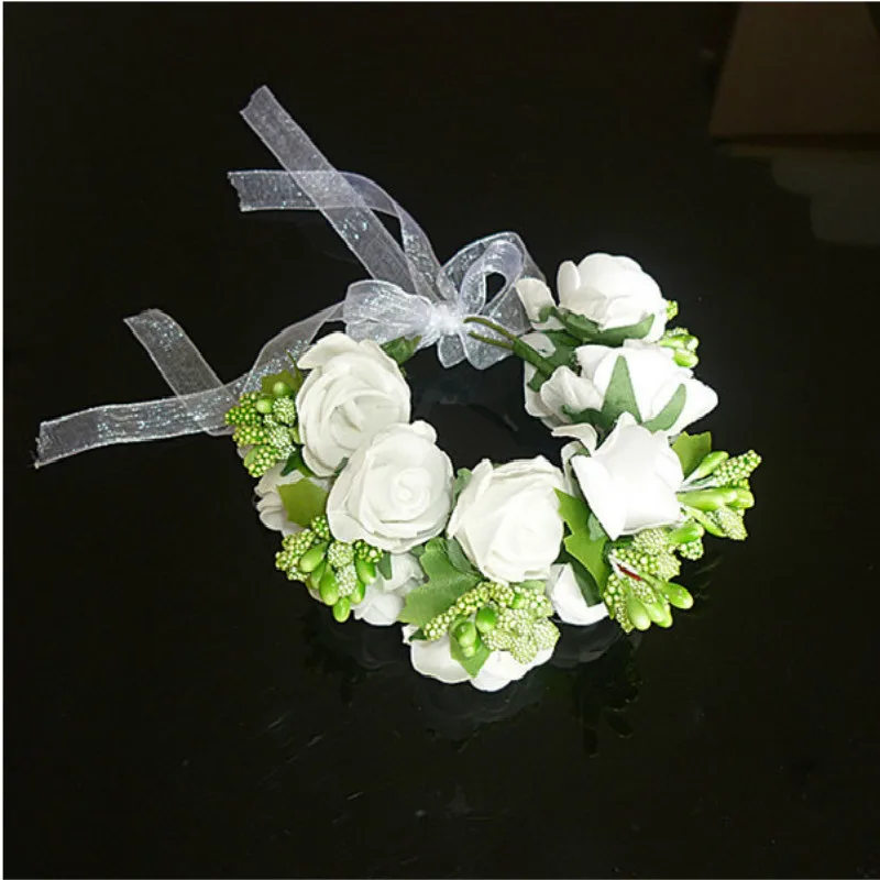 Бело-розовые аксессуары для волос женщины девочки, набор из пены, цветочный головной убор и браслет, пляжная свадьба, искусственная цветочная венок на запястье.