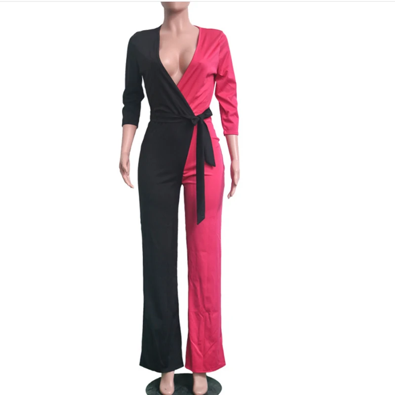 

Women Autumn Winter Cotton Jumpsuit Deep V- Neck Long Board Leg Pants Jumpsuit Bodycon Patchwork Rompers Jumpsuit Ladies Outfits
