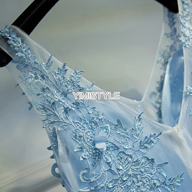 Элегантное светло синее кружевное торжественное женское вечернее платье длиной