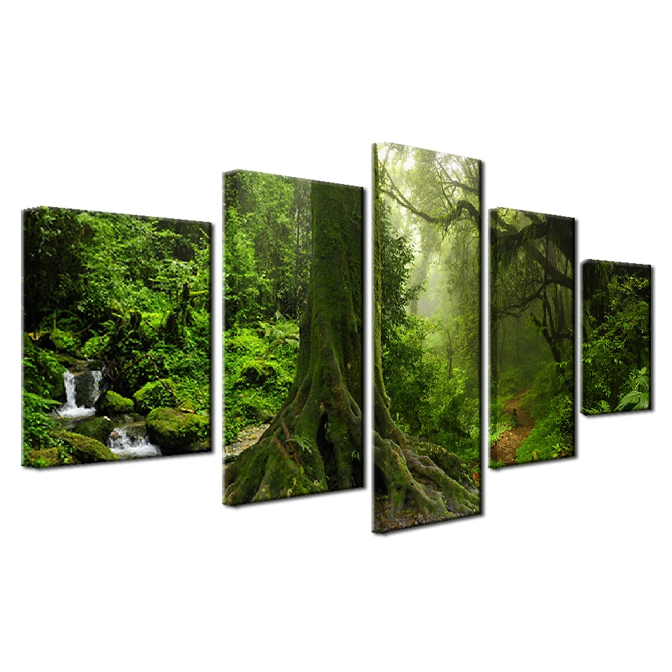 

Embelish 5 Panels Big Wood Tree Landscape Wall Posters For Home Decor Living Room Modular Pictures HD Print Canvas Paintings