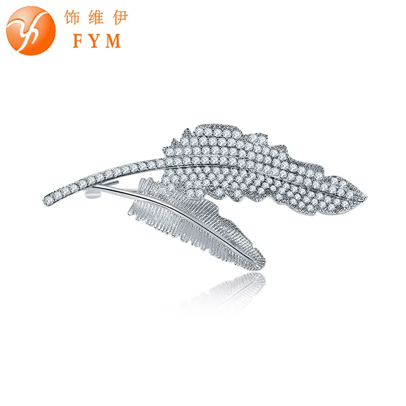 FYM серебряный цвет блестящий AAA кубический цирконий перо булавка брошь для женщин