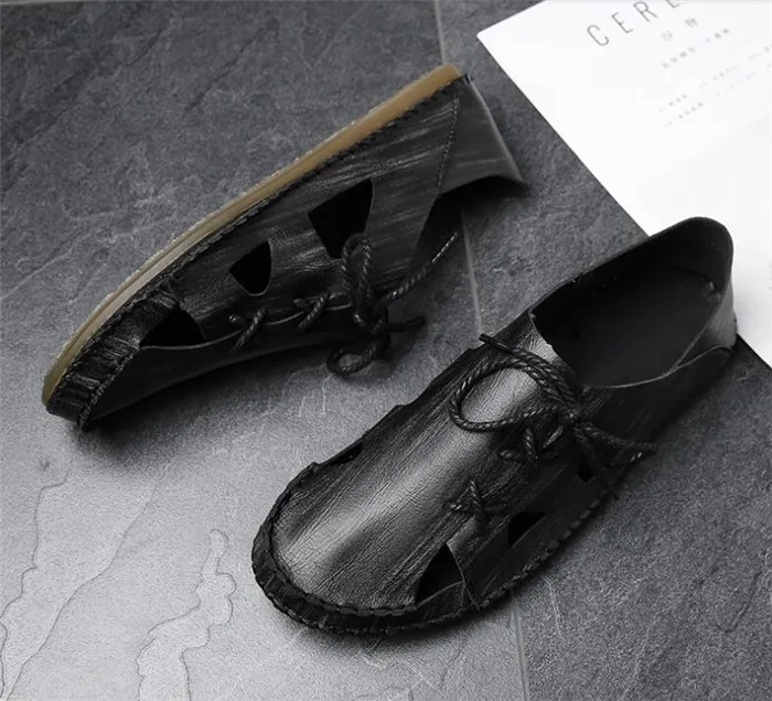 

Summer 2018 new men's sandals British round toecut out lace-up beach shoes all match breathable casual shoes cool slippers