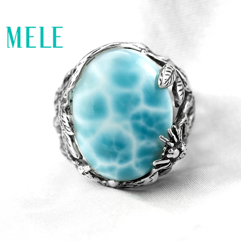 Натуральный larimar серебряное кольцо, овальное 15 мм* 20 мм, синий цвет океана, Лесной стиль, модные украшения для женщин и мужчин